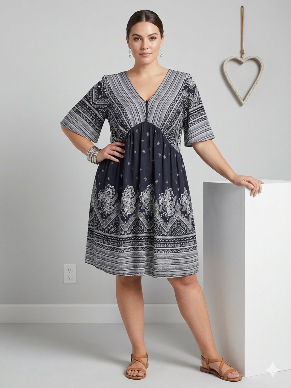 Suzanne Betro Navy Blue Geo-Paisley Empire Waist Flutter Sleeve A-Line Dress LG